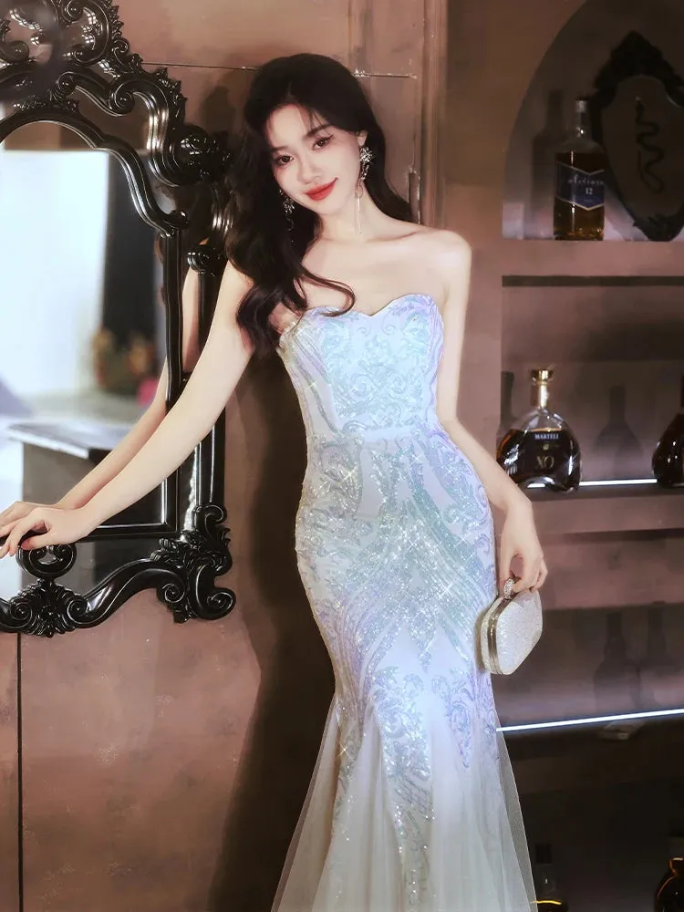 Girlary Elegant Women's Romantic Fishtail Dress Sexy Off Shoulder Sequined Tulle Evening Dresses Simple Female Floor Length Prom Gowns