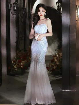 Girlary Elegant Women's Romantic Fishtail Dress Sexy Off Shoulder Sequined Tulle Evening Dresses Simple Female Floor Length Prom Gowns