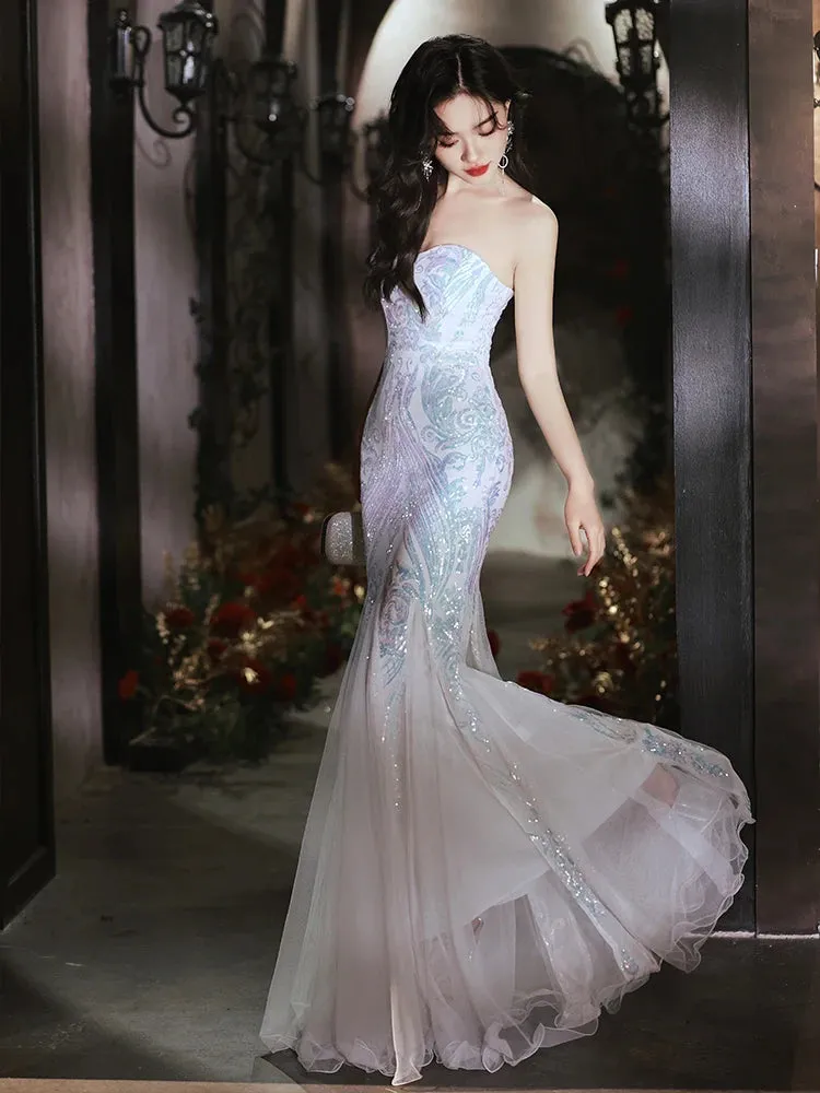 Girlary Elegant Women's Romantic Fishtail Dress Sexy Off Shoulder Sequined Tulle Evening Dresses Simple Female Floor Length Prom Gowns
