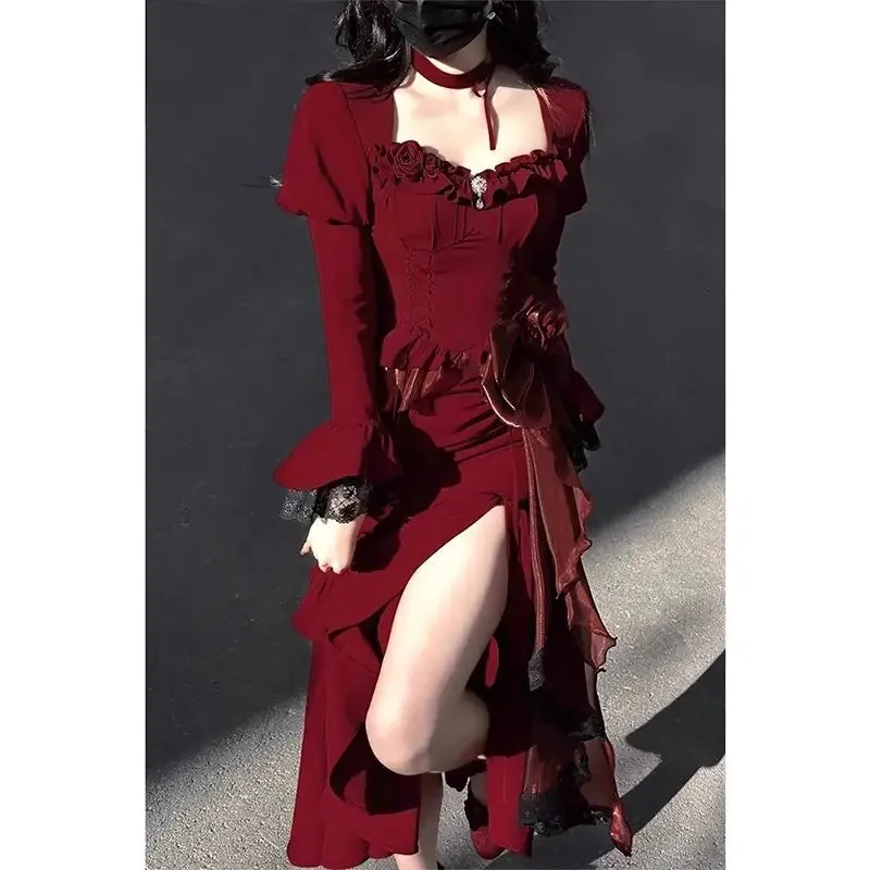 Girlary Red Lolita Fishtail Dress Women's Elegant Slim-Fit Birthday Party Evening Split