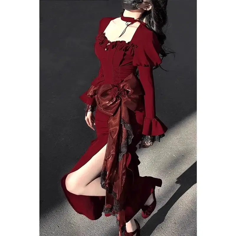Girlary Red Lolita Fishtail Dress Women's Elegant Slim-Fit Birthday Party Evening Split