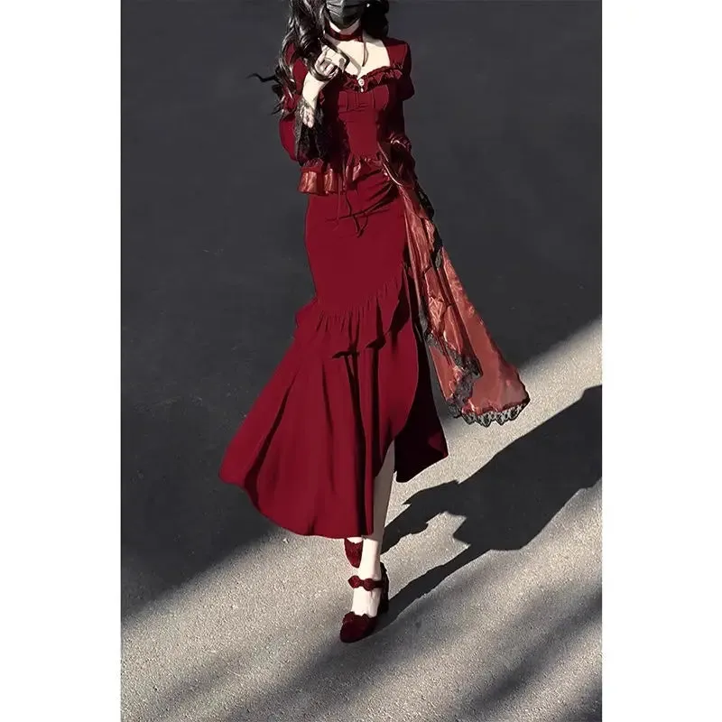 Girlary Red Lolita Fishtail Dress Women's Elegant Slim-Fit Birthday Party Evening Split