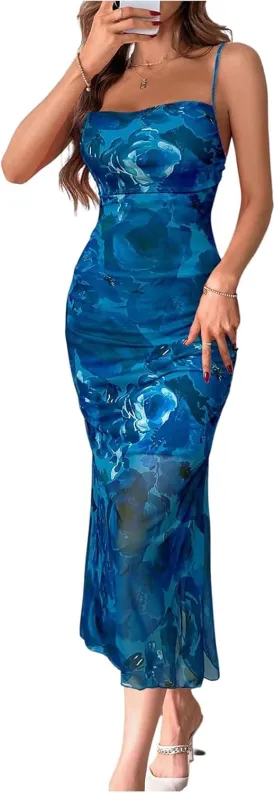 GORGLITTER Women's Floral Ruched Bodycon Midi Dress Mesh Fishtail Summer Wedding Guest Cocktail Going Out Dresses 2025