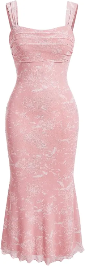GORGLITTER Women's Floral Ruched Bodycon Summer Wedding Guest Dress Mesh Fishtail Cocktail Midi Sun Dresses 2025