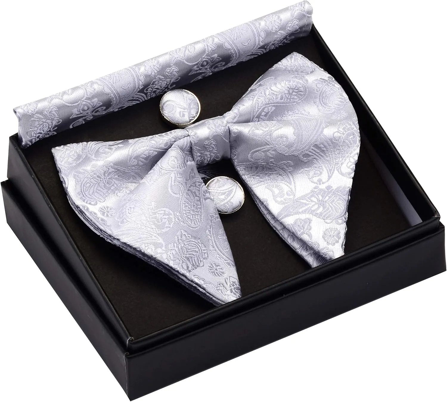 GUSLESON Fashion New Paisley Adjustable Pre-tied Big Bow Tie and Pocket Square Cufflink Set with Gift Box