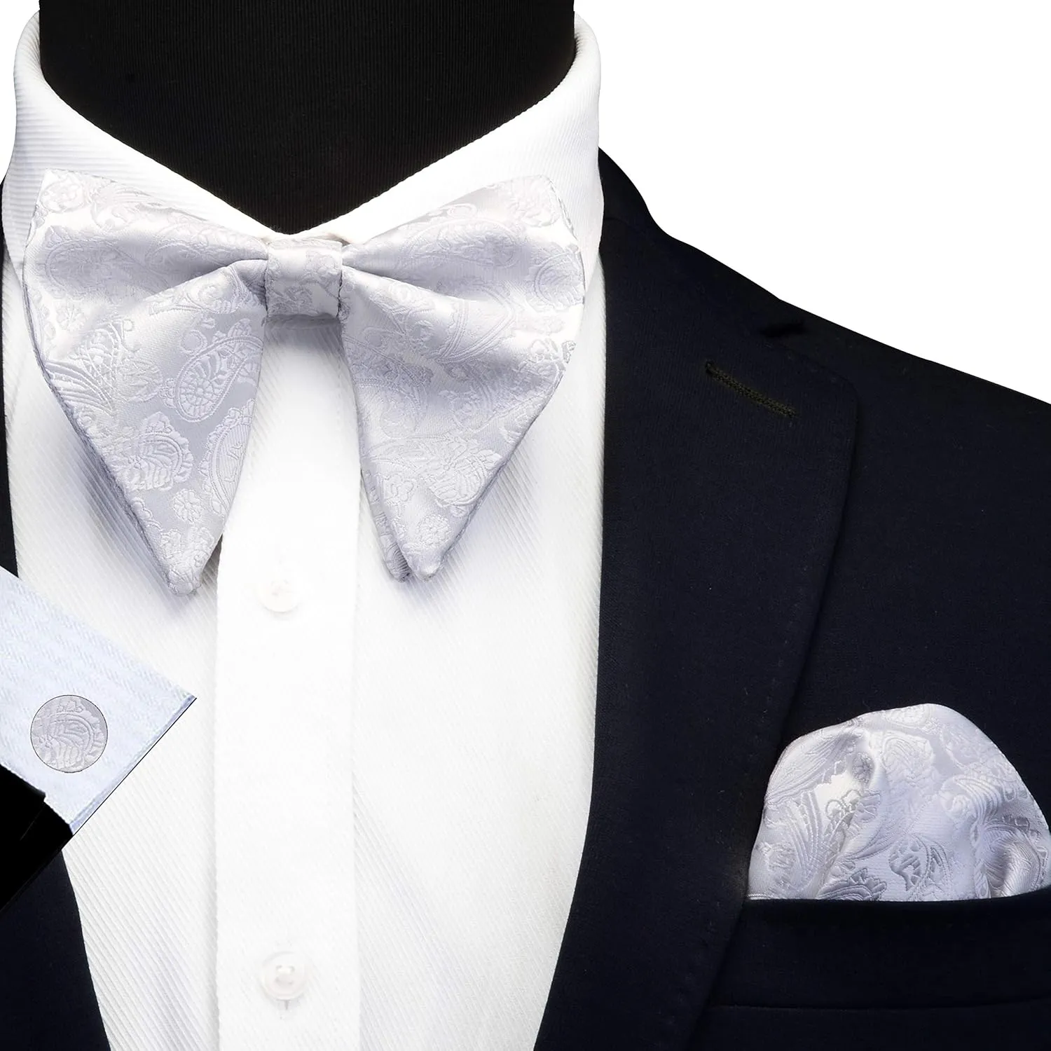 GUSLESON Fashion New Paisley Adjustable Pre-tied Big Bow Tie and Pocket Square Cufflink Set with Gift Box