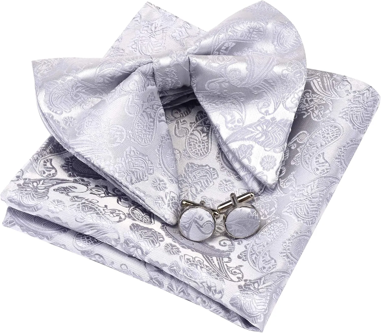 GUSLESON Fashion New Paisley Adjustable Pre-tied Big Bow Tie and Pocket Square Cufflink Set with Gift Box