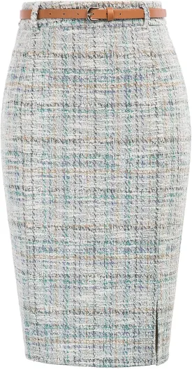 Kate Kasin Women's Tweed Pencil Skirt Knee Length High Waisted Skirts with Slit Elegant Skirts with Belt