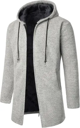 Men's Wool Blend Jacket Slim Mid Lenght Sherpa Lined Thicked Hooded Coats Casual Plush Fleece Winter Warm Overcoats