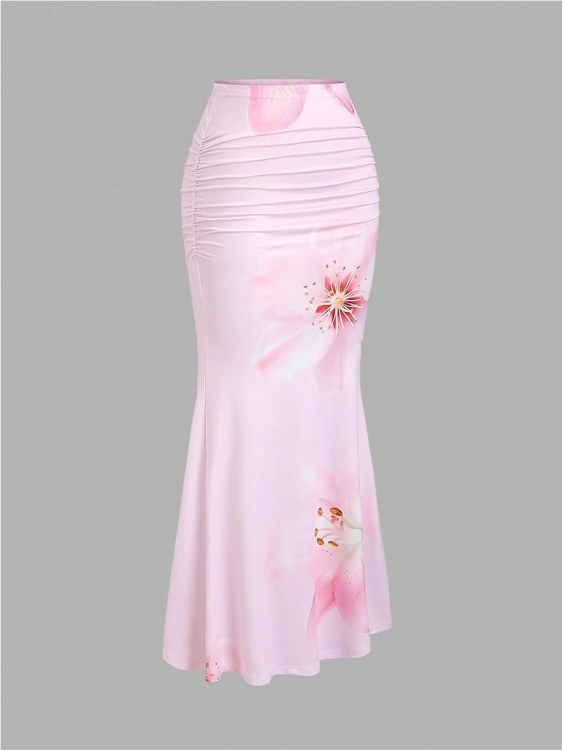 Milumia Women's Floral Print Ruched Long Skirt Fishtail Bodycon Maxi Skirts
