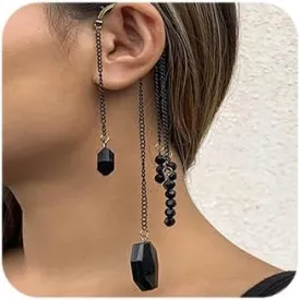 Missgrace 1 Pair Black Crystals Tassel Ear Cuffs Fairy Earrings Black No Piercing Wing Cuff Wrap Earrings Prom Holiday Halloween Ear Clip Earrings for Women