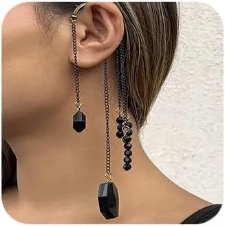 Missgrace 1 Pair Black Crystals Tassel Ear Cuffs Fairy Earrings Black No Piercing Wing Cuff Wrap Earrings Prom Holiday Halloween Ear Clip Earrings for Women