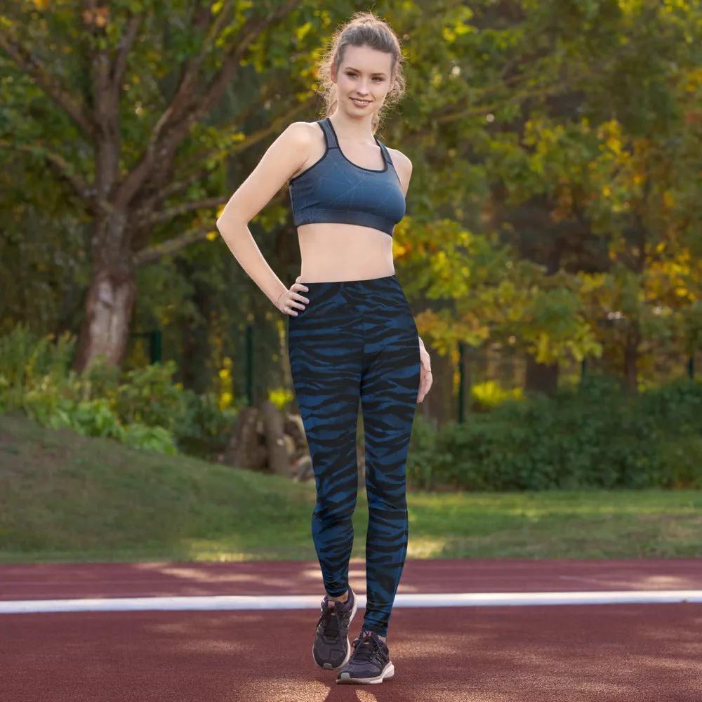 Navy Blue Women's Yoga Leggings, Luxury Tiger Stripe Animal Print Yoga Pants-Made in USA/EU