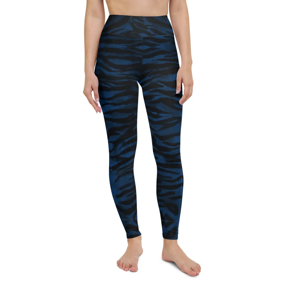 Navy Blue Women's Yoga Leggings, Luxury Tiger Stripe Animal Print Yoga Pants-Made in USA/EU