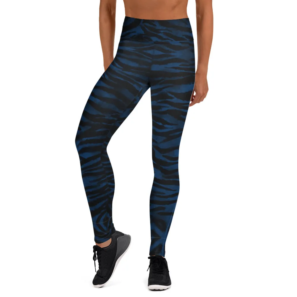 Navy Blue Women's Yoga Leggings, Luxury Tiger Stripe Animal Print Yoga Pants-Made in USA/EU