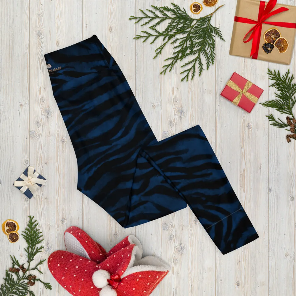 Navy Blue Women's Yoga Leggings, Luxury Tiger Stripe Animal Print Yoga Pants-Made in USA/EU