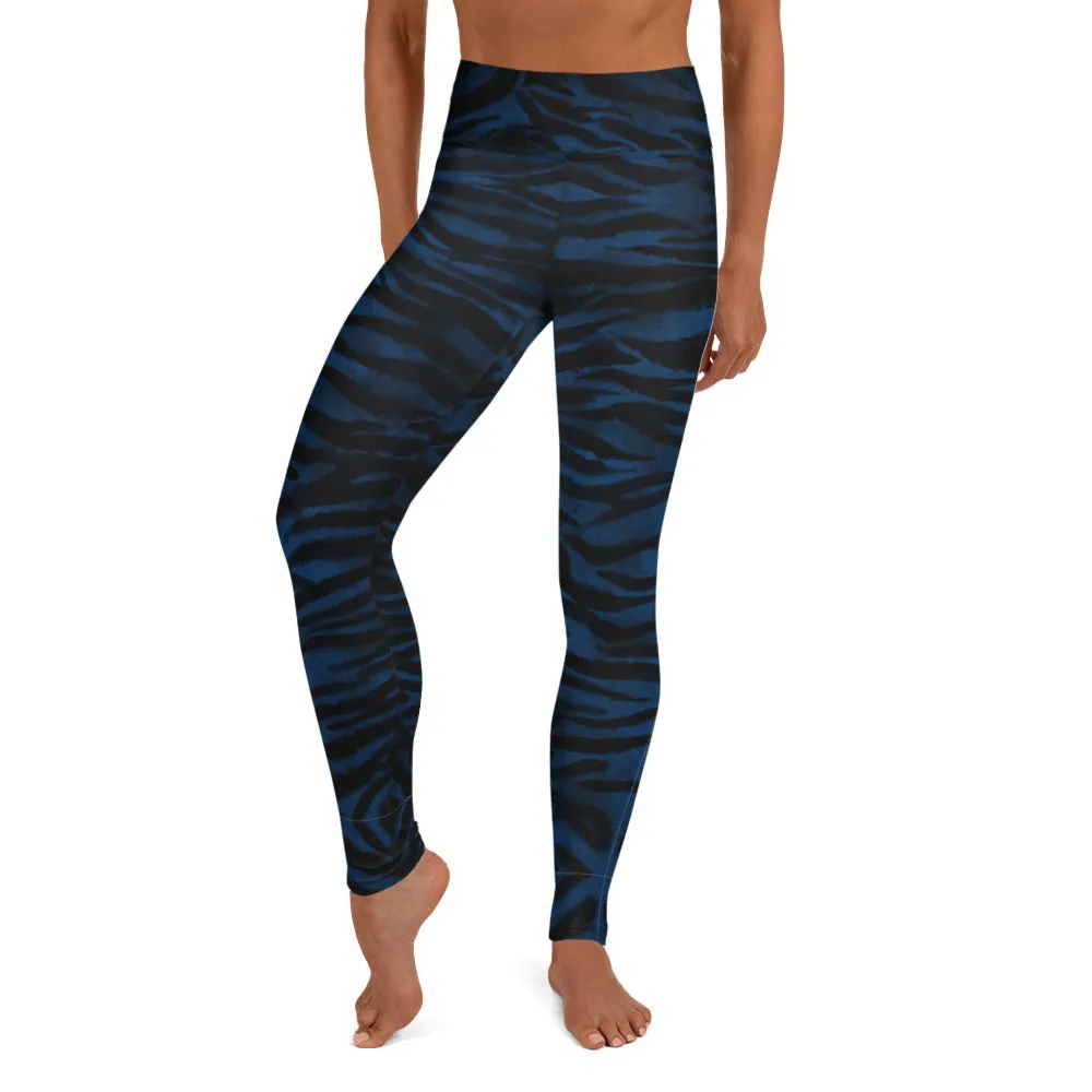 Navy Blue Women's Yoga Leggings, Luxury Tiger Stripe Animal Print Yoga Pants-Made in USA/EU