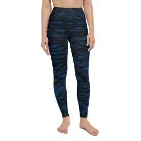 Navy Blue Women's Yoga Leggings, Luxury Tiger Stripe Animal Print Yoga Pants-Made in USA/EU
