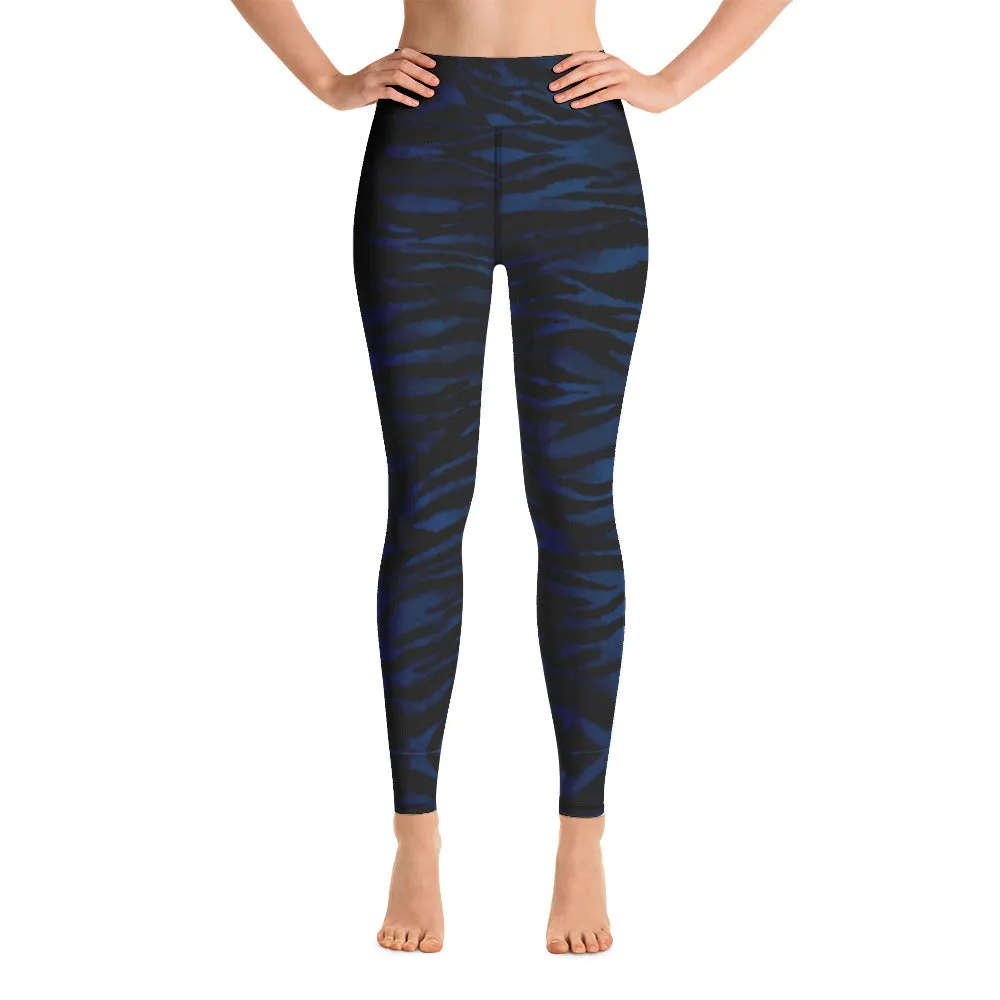 Navy Blue Women's Yoga Leggings, Luxury Tiger Stripe Animal Print Yoga Pants-Made in USA/EU