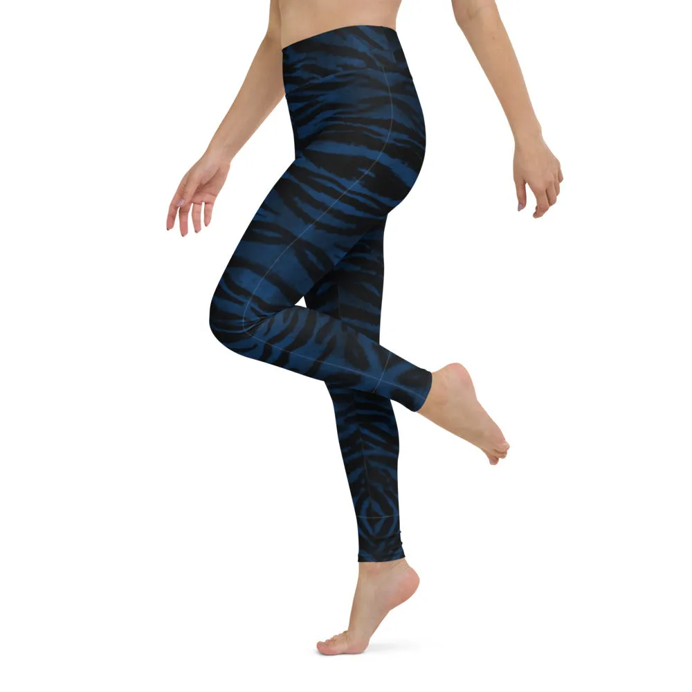 Navy Blue Women's Yoga Leggings, Luxury Tiger Stripe Animal Print Yoga Pants-Made in USA/EU