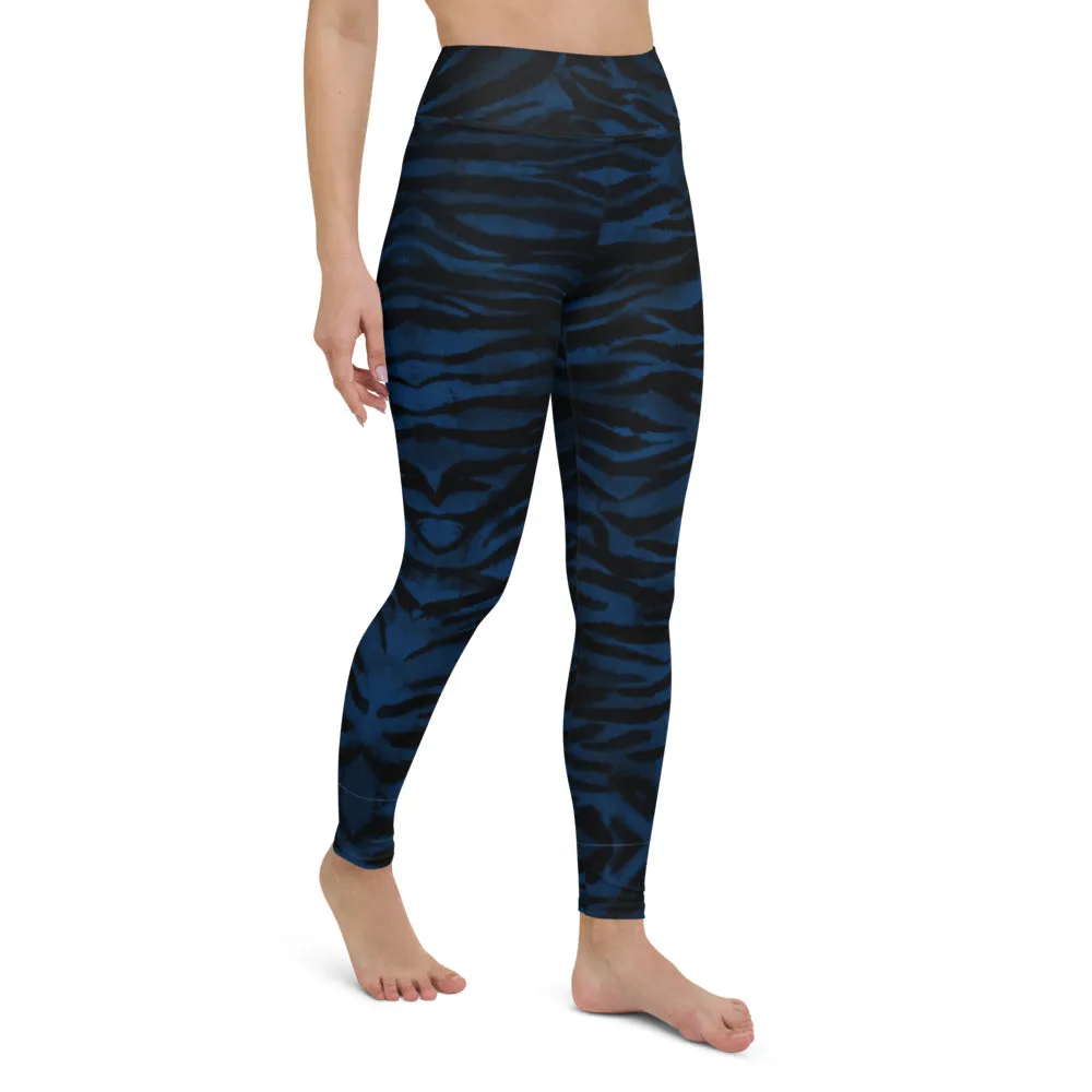 Navy Blue Women's Yoga Leggings, Luxury Tiger Stripe Animal Print Yoga Pants-Made in USA/EU