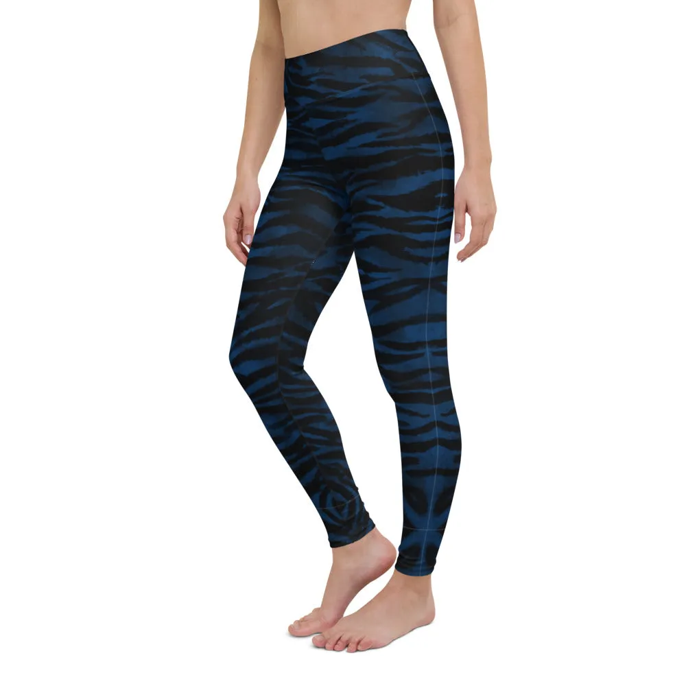 Navy Blue Women's Yoga Leggings, Luxury Tiger Stripe Animal Print Yoga Pants-Made in USA/EU