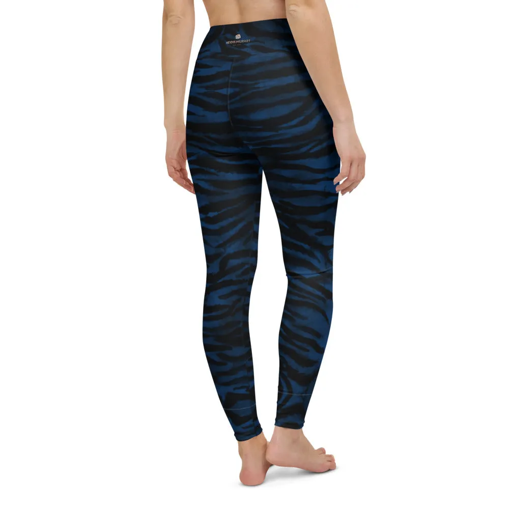 Navy Blue Women's Yoga Leggings, Luxury Tiger Stripe Animal Print Yoga Pants-Made in USA/EU
