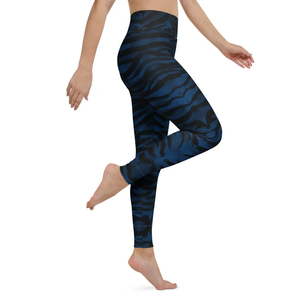 Navy Blue Women's Yoga Leggings, Luxury Tiger Stripe Animal Print Yoga Pants-Made in USA/EU