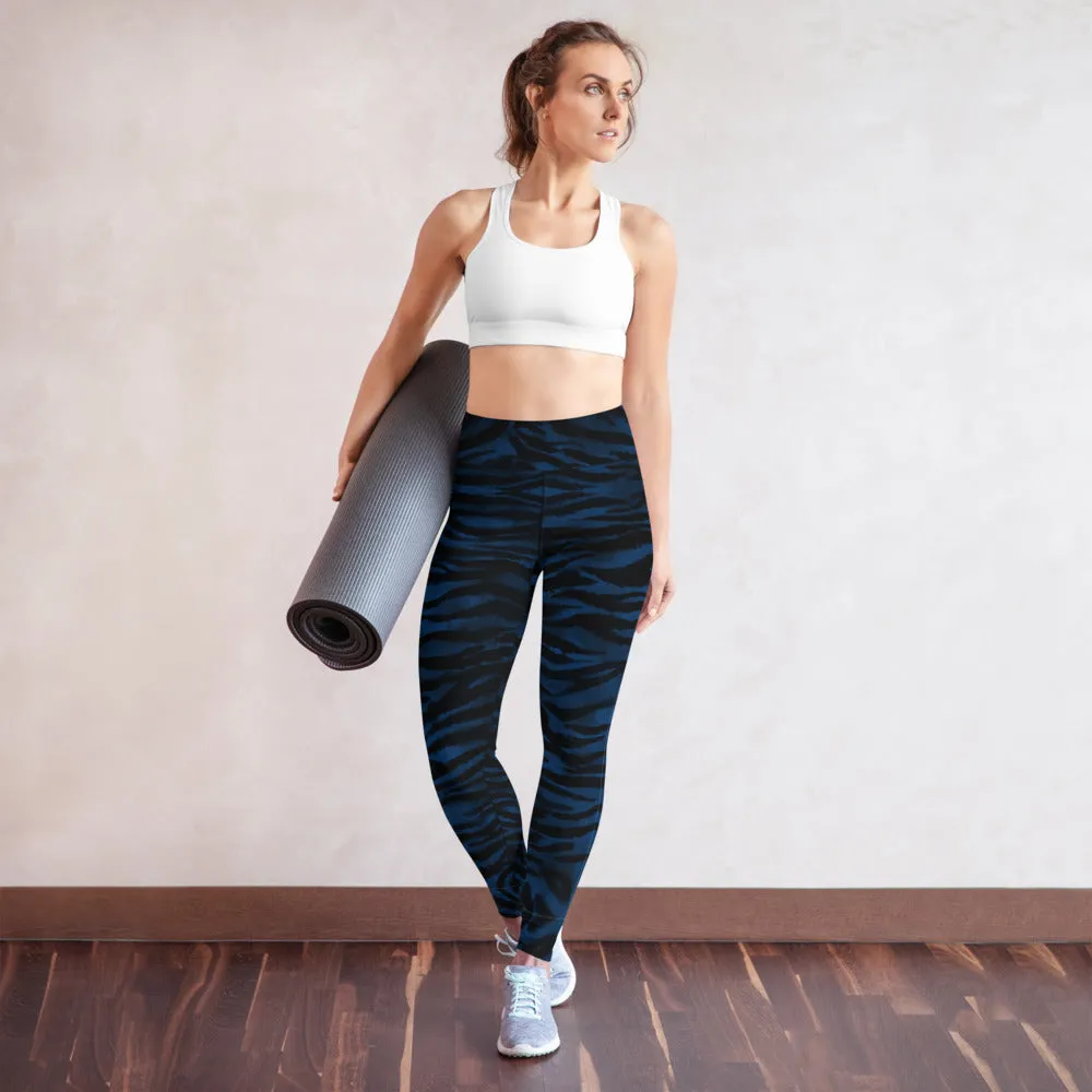 Navy Blue Women's Yoga Leggings, Luxury Tiger Stripe Animal Print Yoga Pants-Made in USA/EU