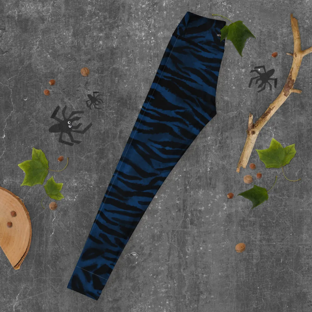 Navy Blue Women's Yoga Leggings, Luxury Tiger Stripe Animal Print Yoga Pants-Made in USA/EU