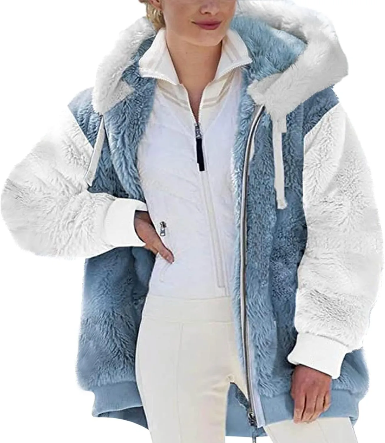 Oversized Fuzzy Fleece Jackets For Women Fashion 2023 Color Block Faux Fur Cardigan Coat Shaggy Warm Winter Outerwear