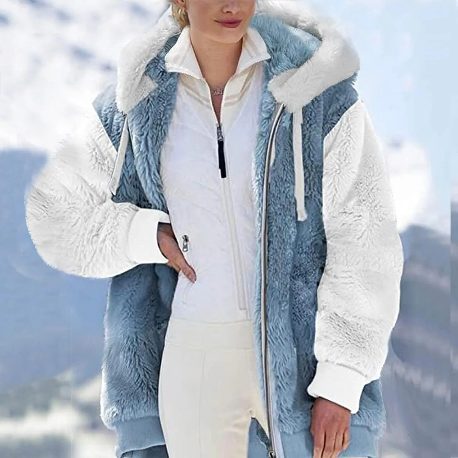 Oversized Fuzzy Fleece Jackets For Women Fashion 2023 Color Block Faux Fur Cardigan Coat Shaggy Warm Winter Outerwear