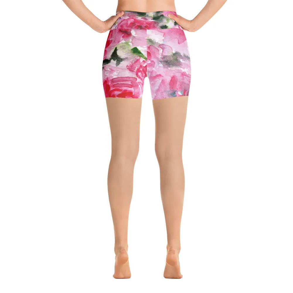Pink Rose Floral Yoga Shorts, Pink Floral Print Short Workout Fitness Tights - Made in USA/EU