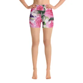 Pink Rose Floral Yoga Shorts, Pink Floral Print Short Workout Fitness Tights - Made in USA/EU