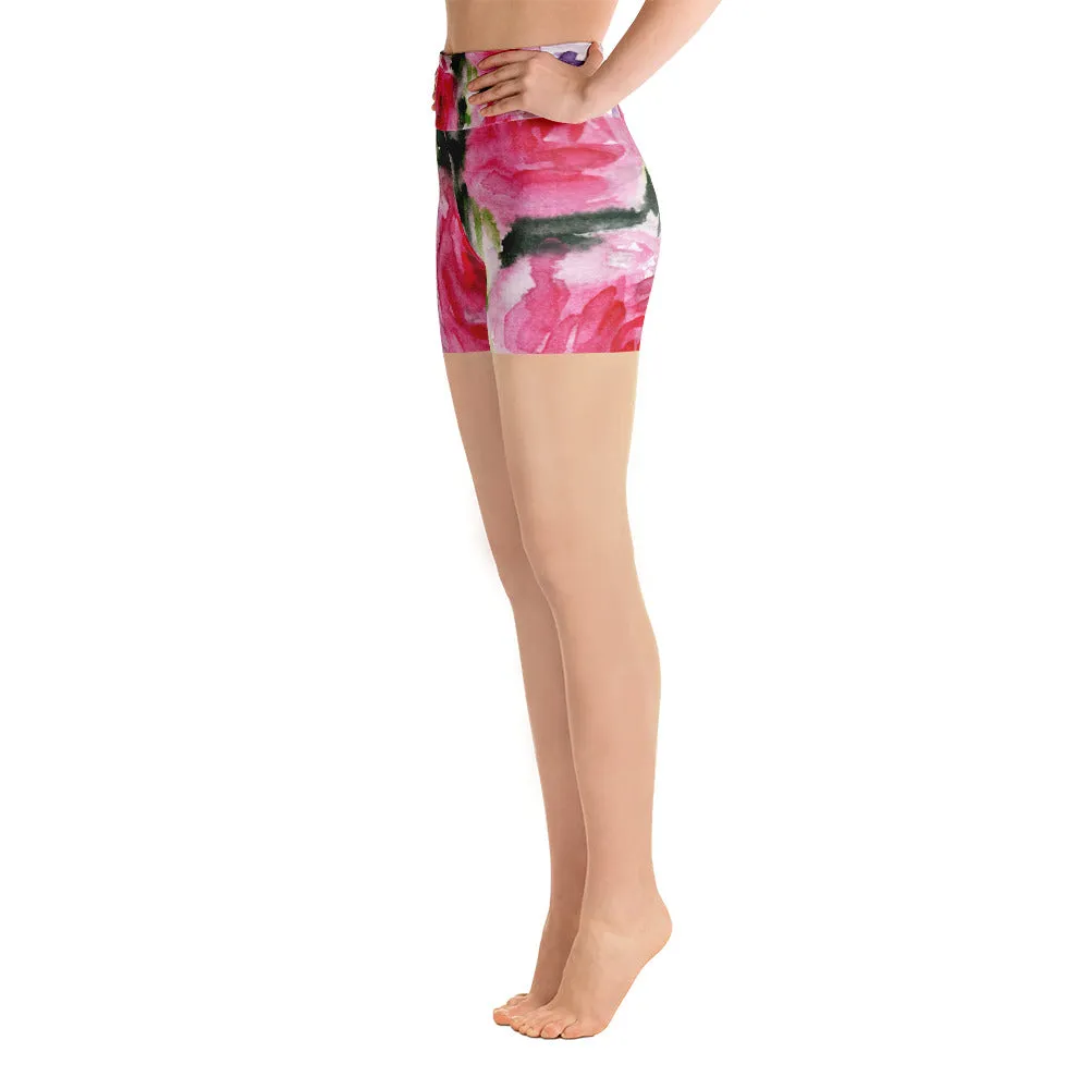 Pink Rose Floral Yoga Shorts, Pink Floral Print Short Workout Fitness Tights - Made in USA/EU