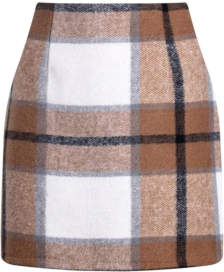 Plaid Mini Skirt for Women High Waist A Line Bodycon Pencil Fall Skirts Comfy Wool Mini Skirts Sexy Plaid Skirt