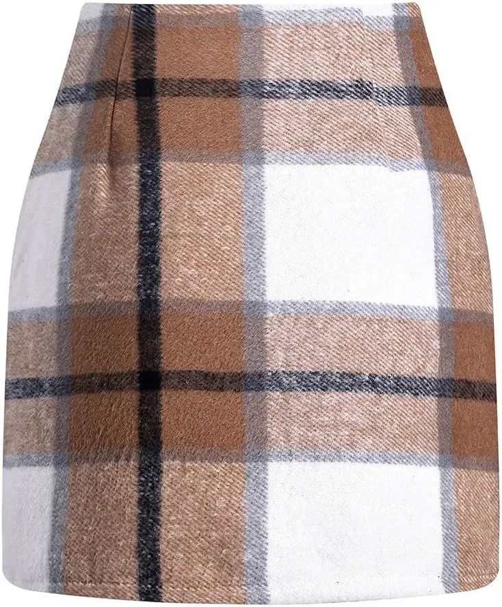 Plaid Mini Skirt for Women High Waist A Line Bodycon Pencil Fall Skirts Comfy Wool Mini Skirts Sexy Plaid Skirt