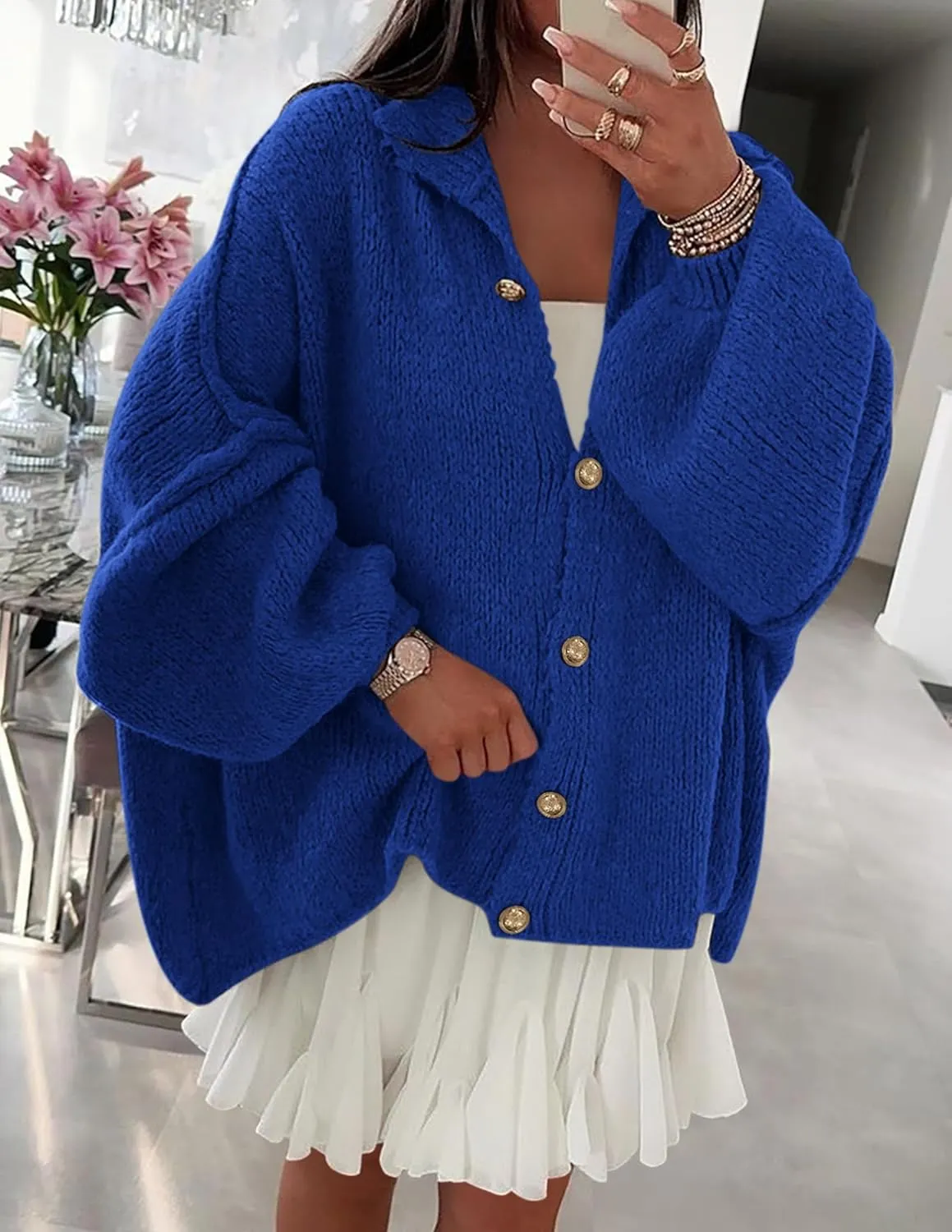 PRETTYGARDEN Women's Winter Button Down Cardigan Sweaters Mock Neck Lantern Long Sleeve Chunky Knit Jacket Trendy Outerwear