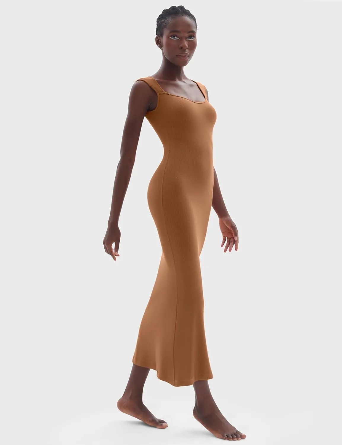 PUMIEY Women's Square Neck Cap Sleeve Maxi Dress Ribbed Bodycon Dress Summer Dresses for Women
