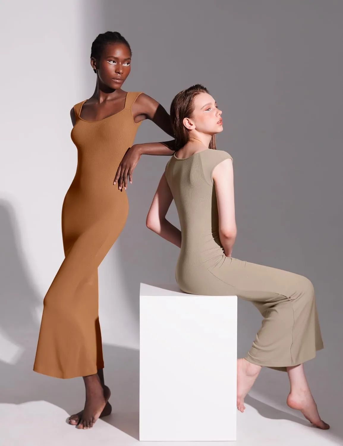 PUMIEY Women's Square Neck Cap Sleeve Maxi Dress Ribbed Bodycon Dress Summer Dresses for Women