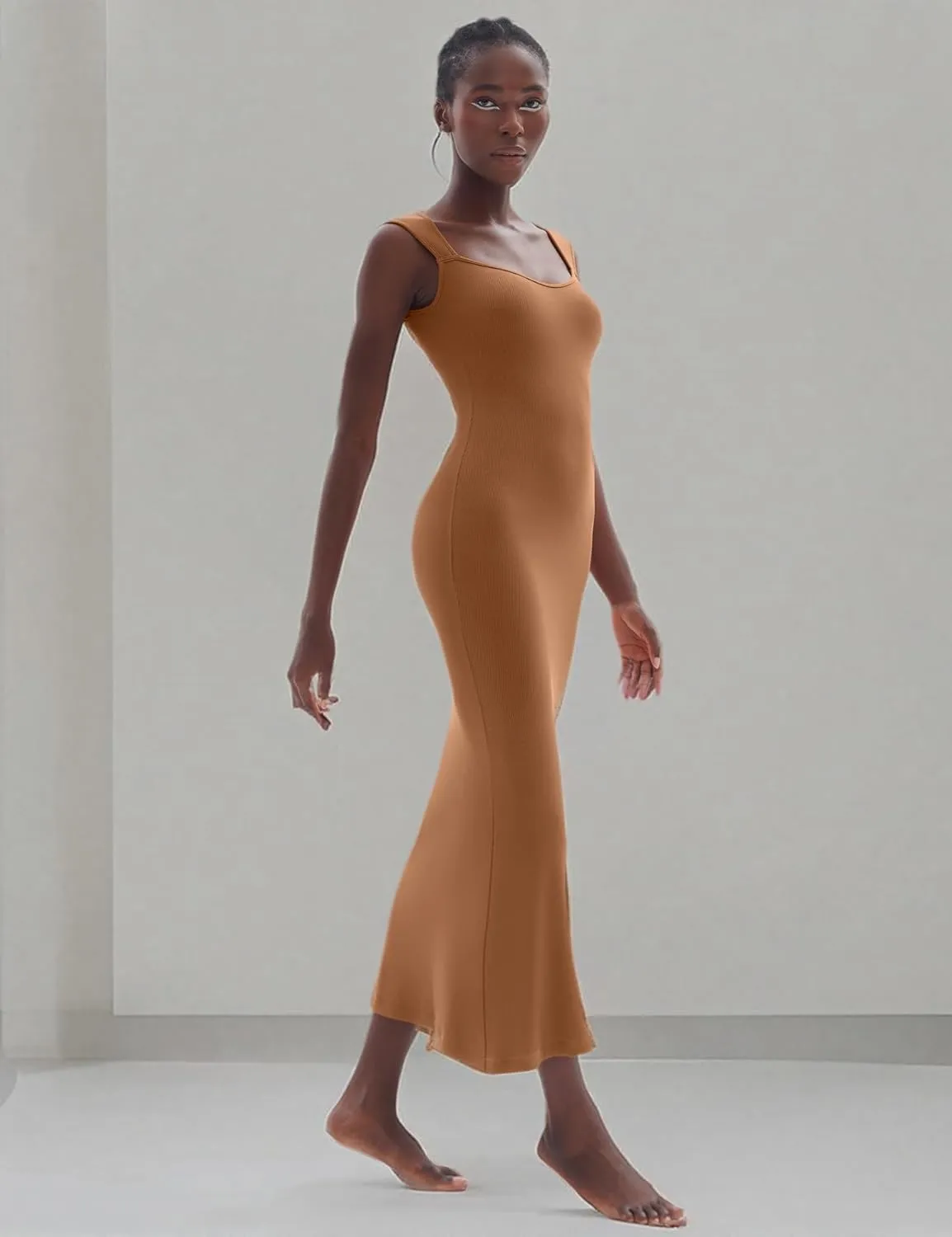 PUMIEY Women's Square Neck Cap Sleeve Maxi Dress Ribbed Bodycon Dress Summer Dresses for Women
