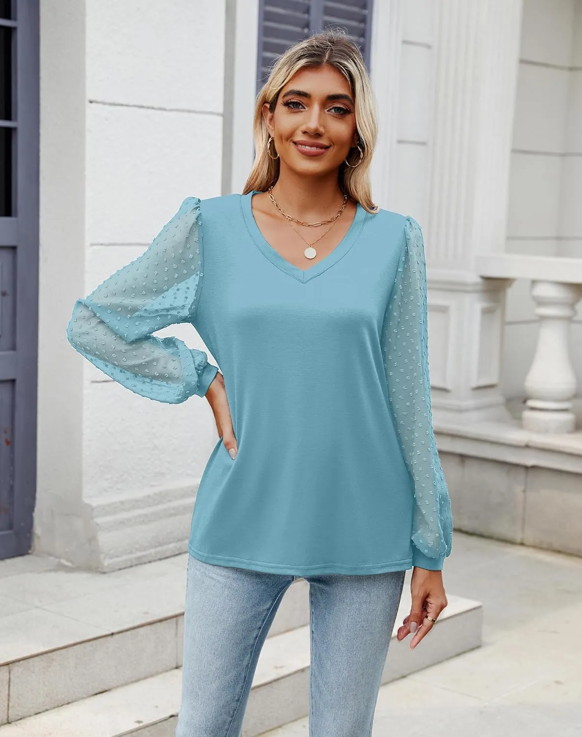 Sherosa Women's Blouses Dressy Casual V Neck Swiss Dot Puff Long Sleeve Shirts Loose Casual Tops