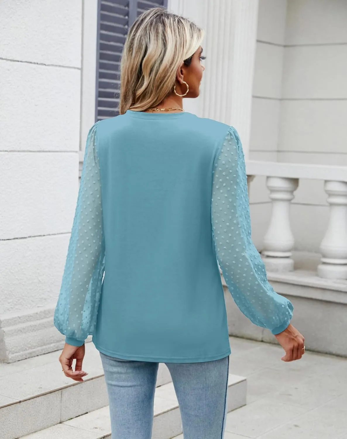 Sherosa Women's Blouses Dressy Casual V Neck Swiss Dot Puff Long Sleeve Shirts Loose Casual Tops