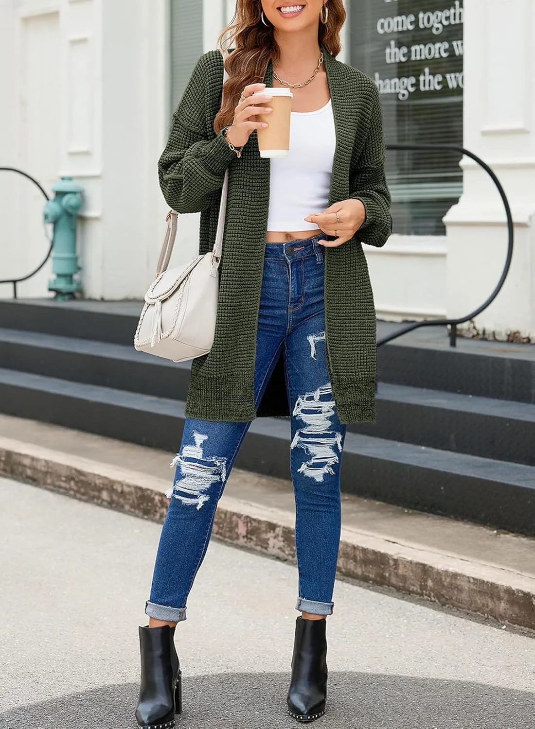 Sidefeel Womens 2024 Fall Winter Long Sleeve Open Front Cardigan Sweaters Oversized Checkered Chunky Knit Sweaters Coat