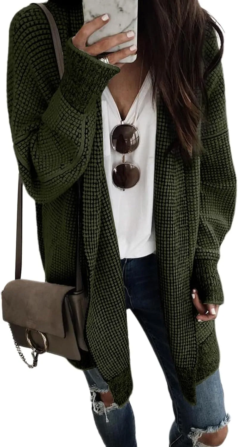 Sidefeel Womens 2024 Fall Winter Long Sleeve Open Front Cardigan Sweaters Oversized Checkered Chunky Knit Sweaters Coat