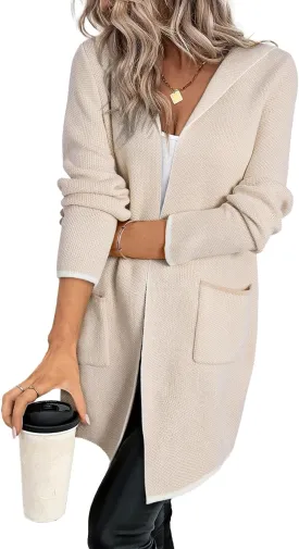 Sidefeel Women's 2025 Fall Long Sleeve Open Front Contrast Cardigan Sweaters Oversized Chunky Knit Hooded Sweaters Coat