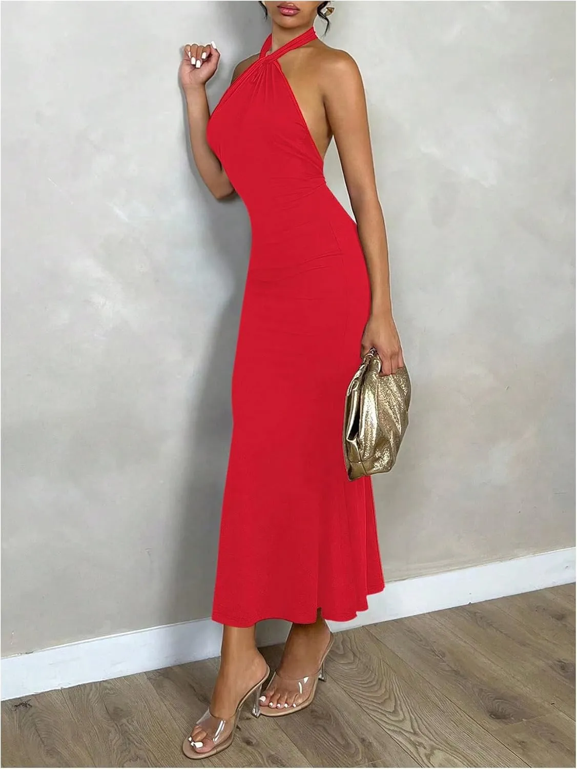 SOLY HUX Women's Bodycon Maxi Dress Halter Neck Sleeveless Backless Twist Party Club Going Out Long Dresses