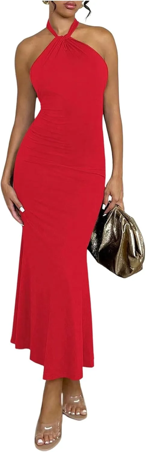 SOLY HUX Women's Bodycon Maxi Dress Halter Neck Sleeveless Backless Twist Party Club Going Out Long Dresses