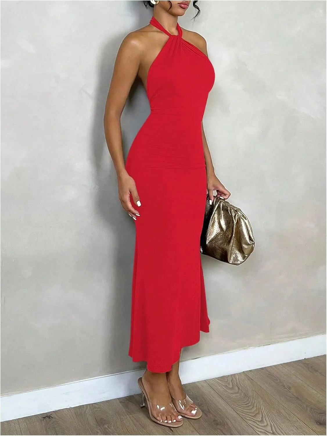 SOLY HUX Women's Bodycon Maxi Dress Halter Neck Sleeveless Backless Twist Party Club Going Out Long Dresses