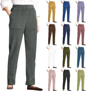 Straight Wide Leg Corduroy Pants Women Business Casual High Waisted Pull On Work Pants Comfy Soft Elastic Waist Pants